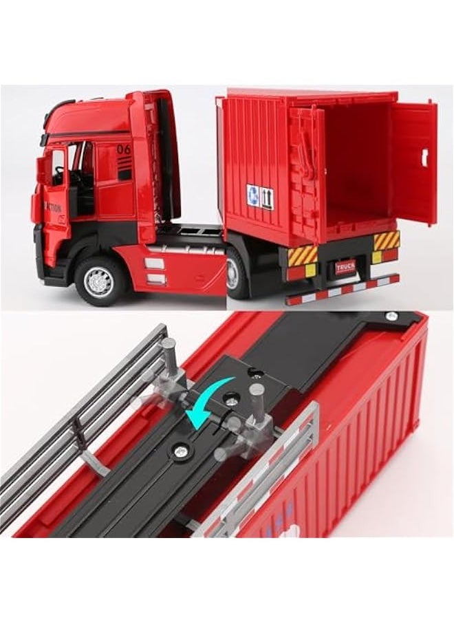 Container Truck Toy Car，Collectible Transport Vehicle Model Car with Lights and Sounds，Pull Back Diecast Toy Gift for Chirdren Red