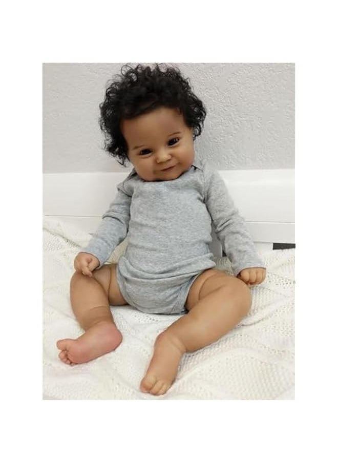 20 Inches Real Baby Size Sweet Smiling Rooted Curly Hair Lifelike African American Reborn Baby Doll Realistic Newborn Weighted Cloth Body Dolls in Dark Brown Skin