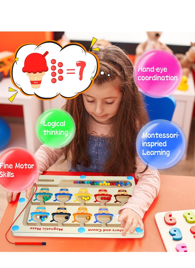 Magnetic Color and Number Maze - Toddler Toys for 3 4 5 Year Old, Wooden Color Matching & Counting Puzzle Board-Toddler Fine Motor Skills Learning Toys Holiday & Birthday Gifts for Kids