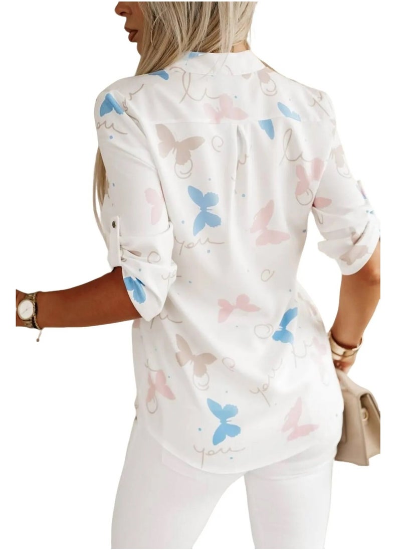 Butterfly figured women's shirt. Made in Turkiye