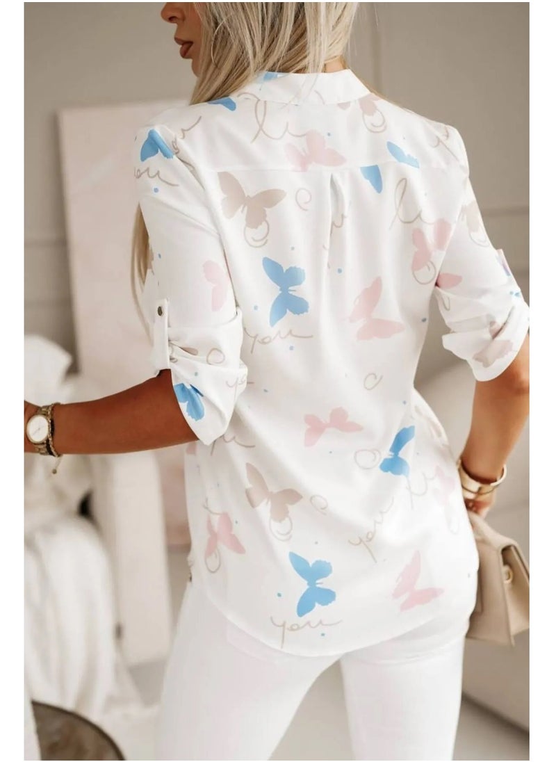 Butterfly figured women's shirt. Made in Turkiye