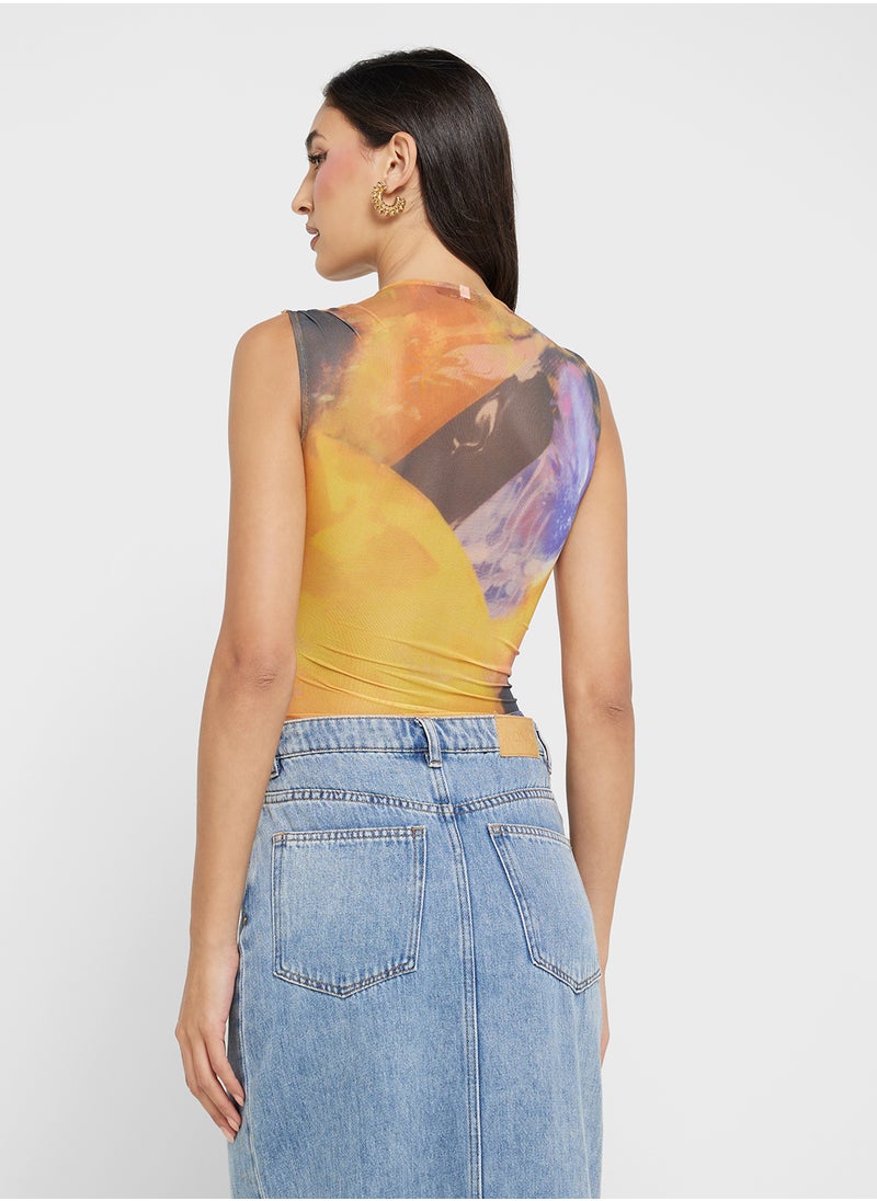 Mesh Abstract Print Bodysuit