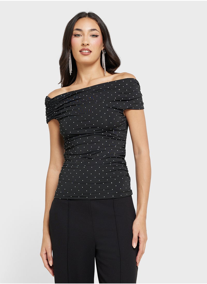 Off Shoulder Polka Dot Fitted Top