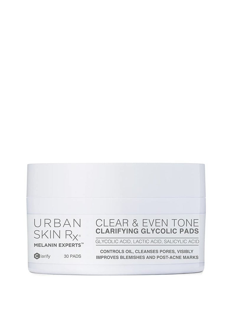 Clear & Even Tone Clarifying Glycolic Pads | Urban Skin Rx® | Powerful Formula Targets Blemishes, Removes Excess Oil and Evens Skin Tone, Formulated with Glycolic, Salicylic and Lactic Acids | 30 Pads