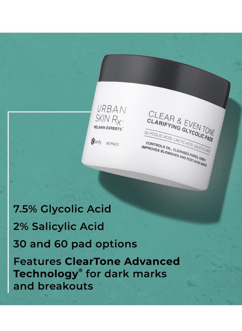 Clear & Even Tone Clarifying Glycolic Pads | Urban Skin Rx® | Powerful Formula Targets Blemishes, Removes Excess Oil and Evens Skin Tone, Formulated with Glycolic, Salicylic and Lactic Acids | 30 Pads