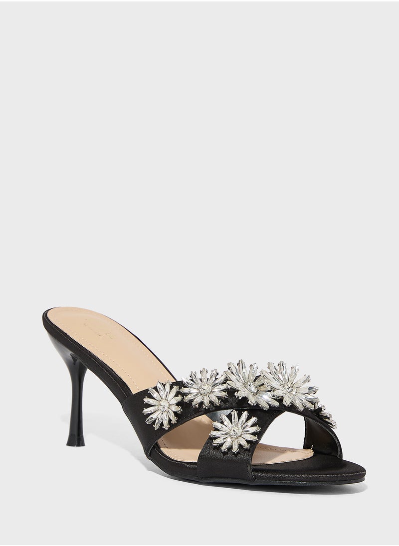 Floral Embellished Mule Heel Sandal