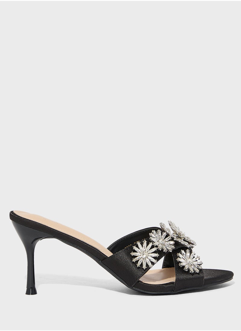 Floral Embellished Mule Heel Sandal