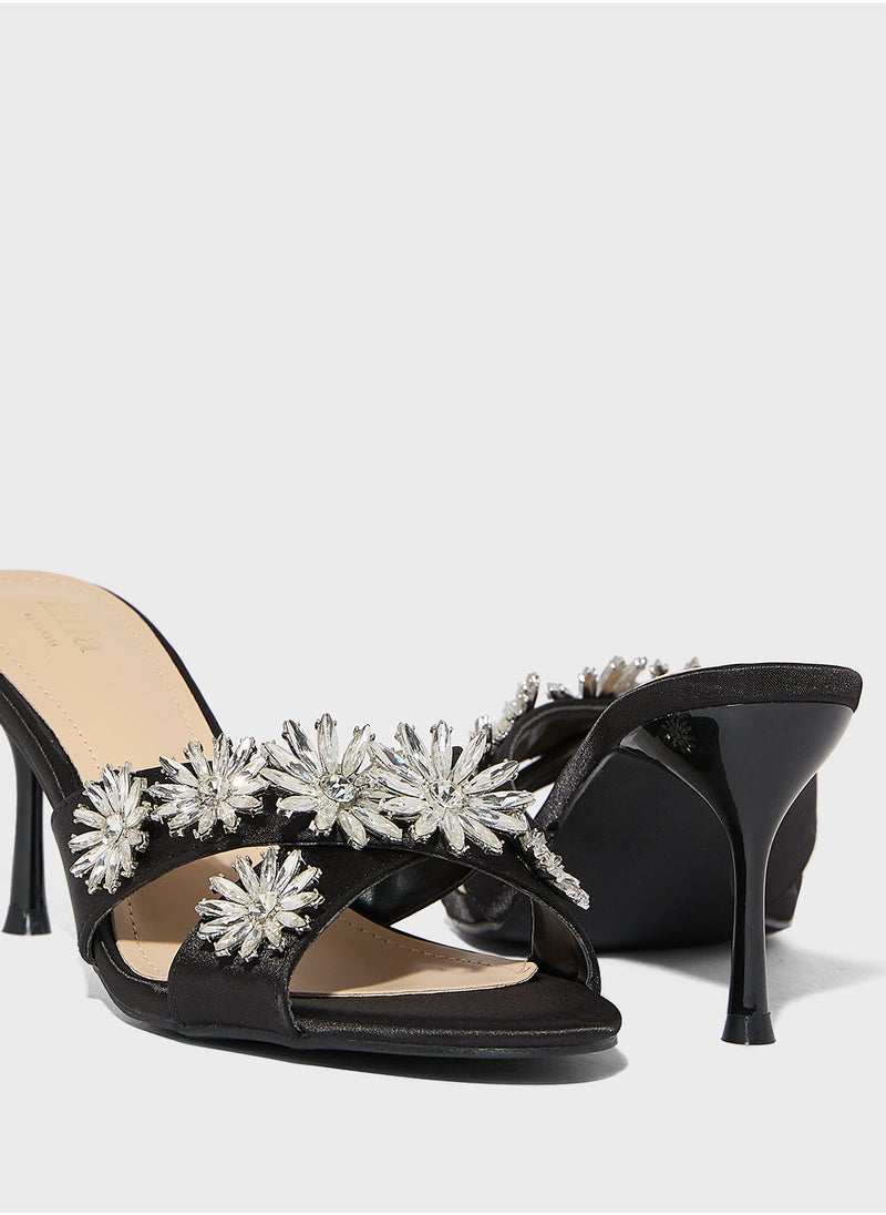 Floral Embellished Mule Heel Sandal