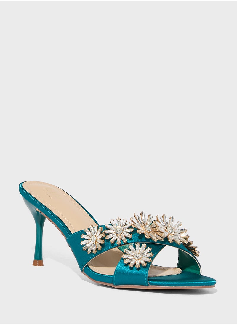 Floral Embellished Mule Heel Sandal