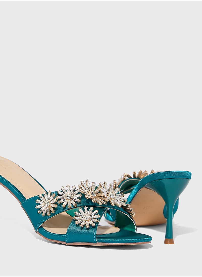 Floral Embellished Mule Heel Sandal