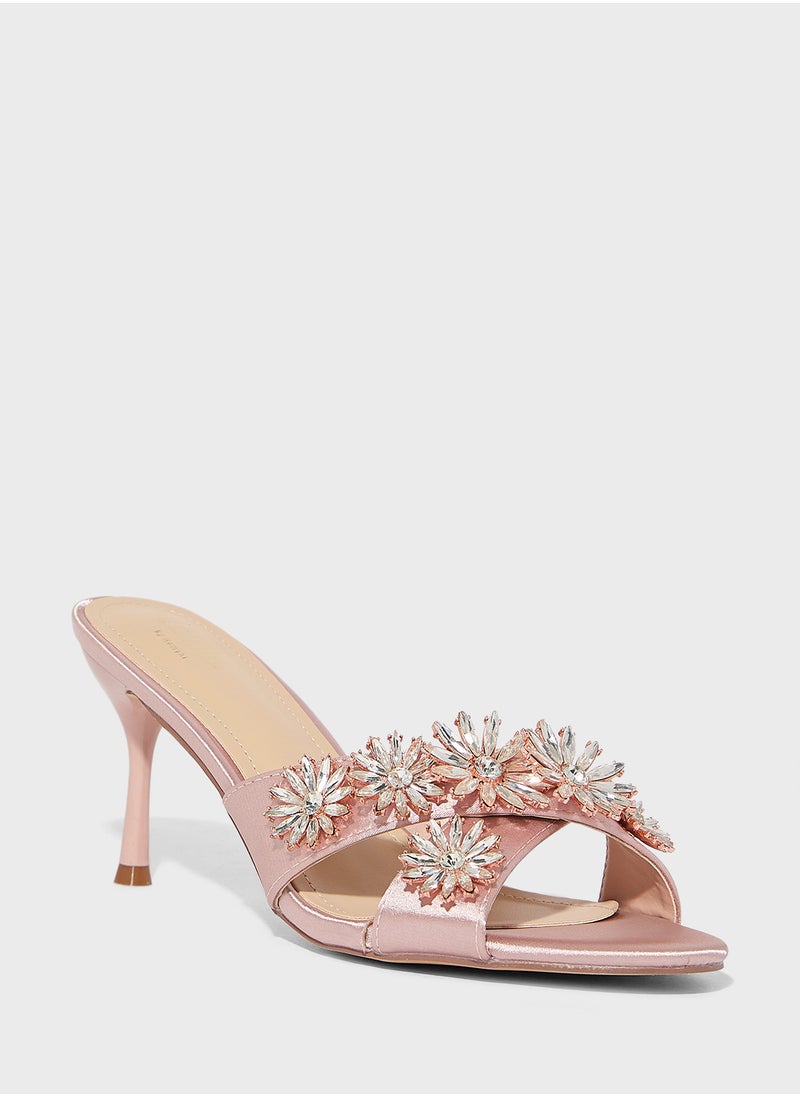 Floral Embellished Mule Heel Sandal