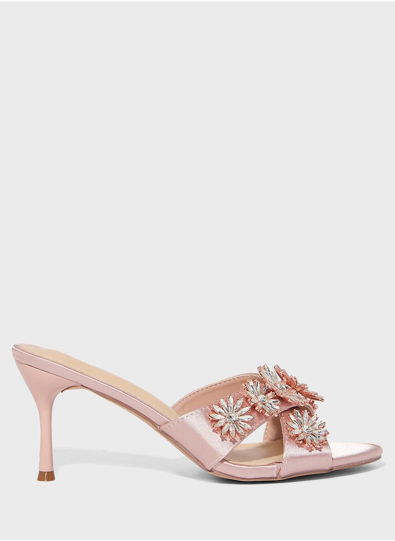 Floral Embellished Mule Heel Sandal