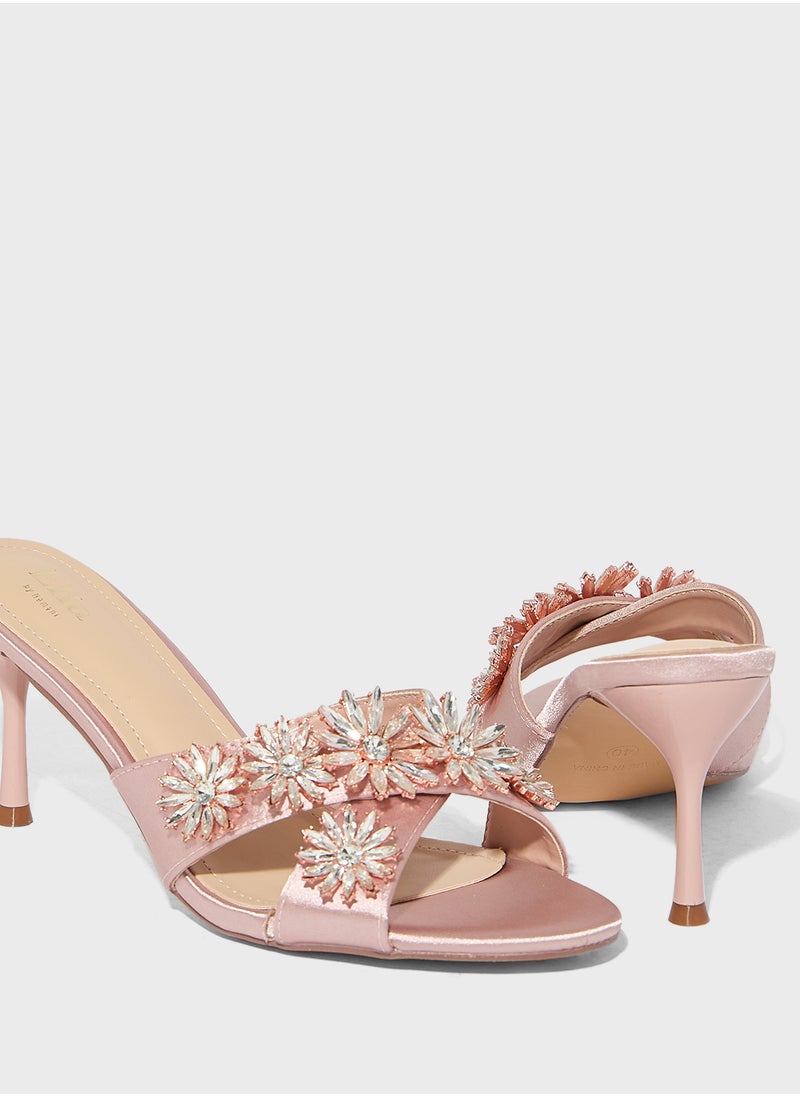 Floral Embellished Mule Heel Sandal