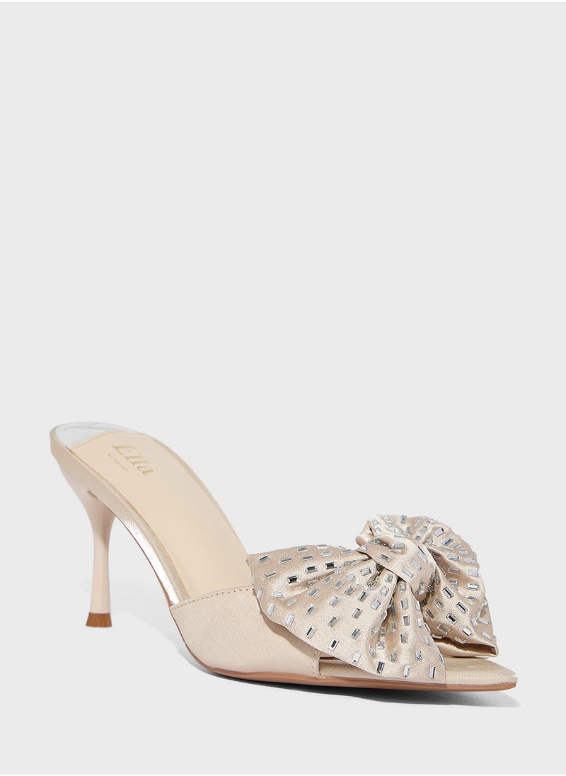 Oversized Diamante Bow Mule Heel Sandal