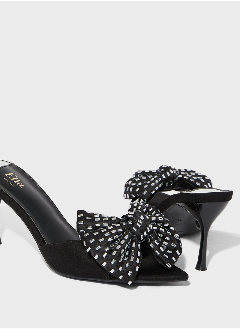 Oversized Diamante Bow Mule Heel Sandal