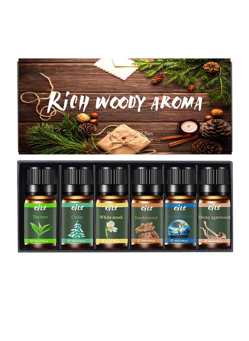 6x10ml Wood Fragrance Essential Oil Set, Wood Fragrance Gift Set, Suitable for Diffuser, Humidifier, DIY Candle, Air Purifier（Oud Agarwood + White Musk + Sea And Wood + Cedar + Sandalwood + Tea Tree）