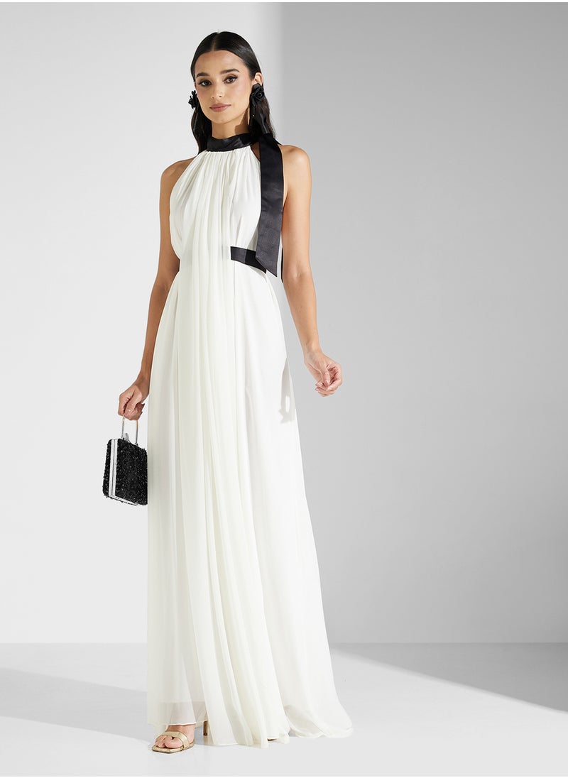 TIE NECK BELTED MAXI DRESS