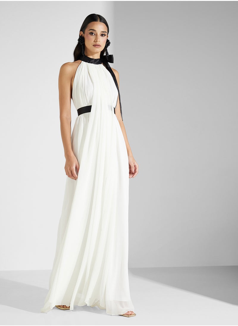 TIE NECK BELTED MAXI DRESS