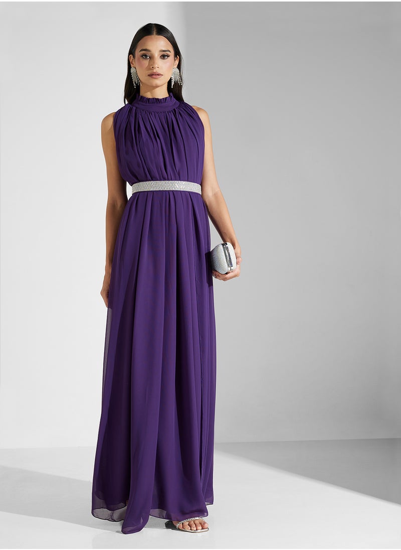 CHIFFON BELTED MAXI DRESS