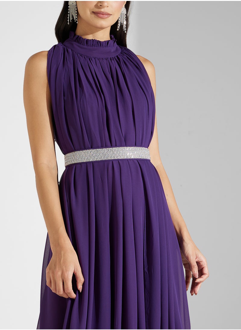 CHIFFON BELTED MAXI DRESS