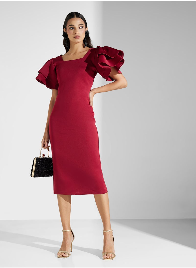 RUFFLE SHORT SLEEVES MIDI DRESS