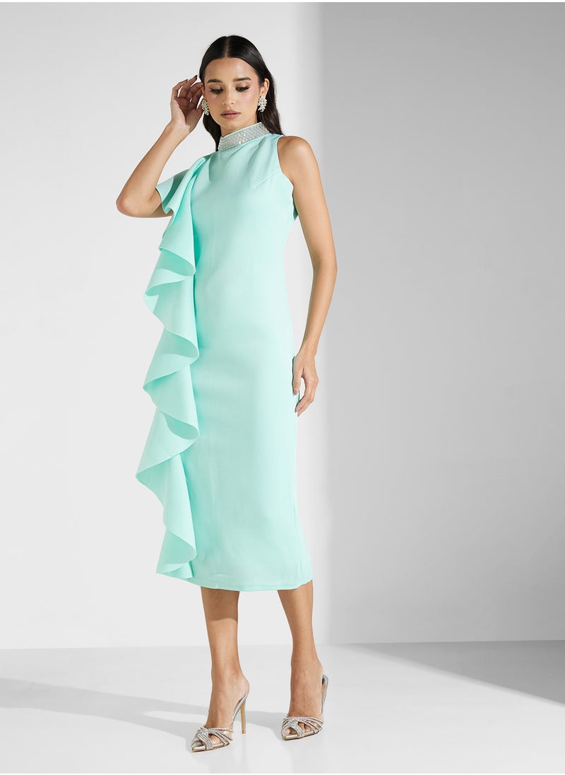 RUFFLE ONE SHOULDER MIDI DRESS