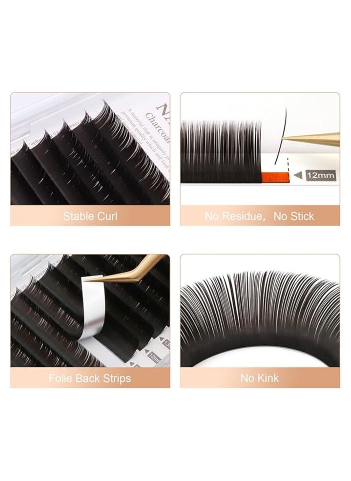 Eyelash Extension Professional Double Split Tip Individual False Lashes Supplies Eye Lashes Semi-Permanent U-shaped Design Charcoal More Softer 12 Rows（0.10mm  Curl 12-mm）