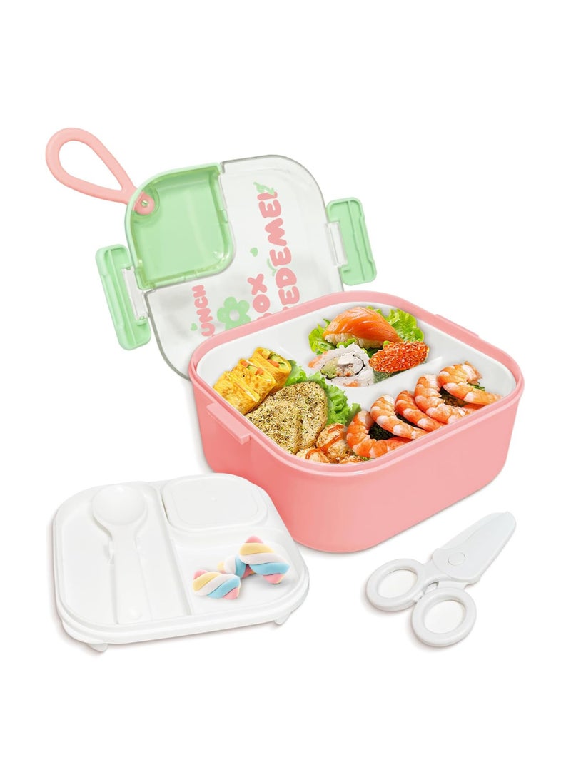 Lunch Box, Bento Box with Dividers, Salad Lunch Container with Portable Cutlery Set and Leak-proof Sauce Container (Pink)