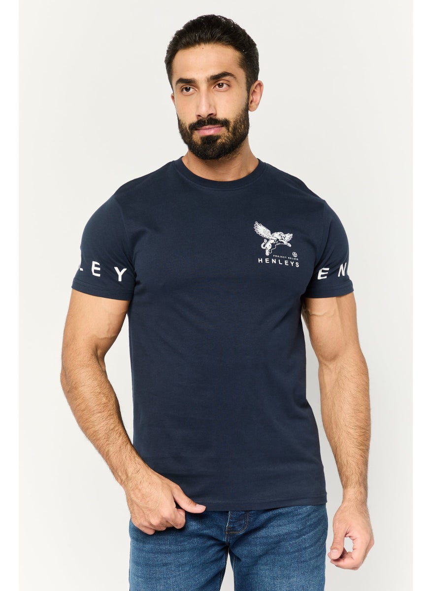 Men Crew Neck Short Sleeves Graphic Printed T-Shirt, Navy Blue