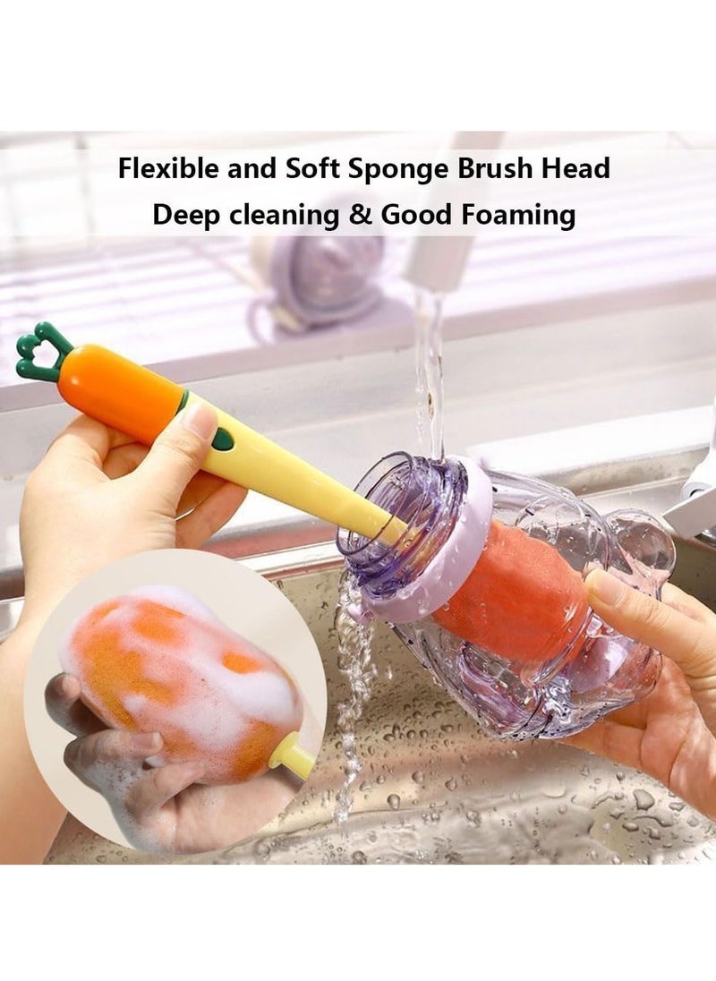 3 in 1 Bottle Cleaning Brush Cleaning Sponge, Detachable Tube Cleaning Brush with Cleaning Sponge + Groove Brush + Silicone Brush, Long Handle Water Bottle Cleaning Brush for Cleaning Cup Lid Glass (Yellow)