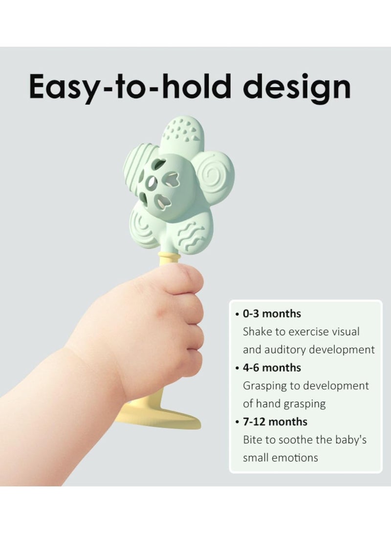 Baby Teething Toys Silicone Flower Teether Rattle Toy, Boilable for Babies, BPA Free Sensory Teether Toy (Green)