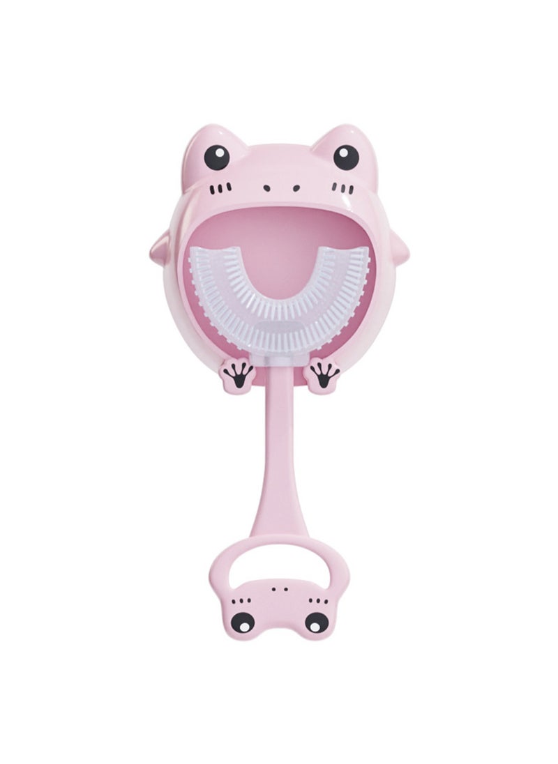 Cute Cartoon Pattern Children'S U-Shaped Toothbrush, Suitable For 2-12 Year Old Babies, Food-Grade Silicone Soft-Bristled Toothbrush, Detachable And Replaceable Brush Head, Dust-Proof Wall Shelf Set For Easy Storage, Baby Oral Training Toothbrush Set (Pink Frog)