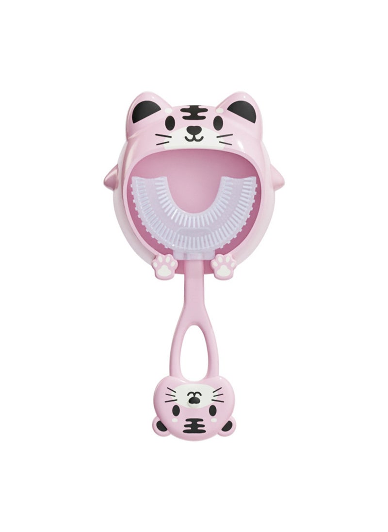 Cute Cartoon Pattern Children'S U-Shaped Toothbrush, Suitable For 2-12 Year Old Babies, Food-Grade Silicone Soft-Bristled Toothbrush, Detachable And Replaceable Brush Head, Dust-Proof Wall Shelf Set For Easy Storage, Baby Oral Training Toothbrush Set (Tiger Pink)