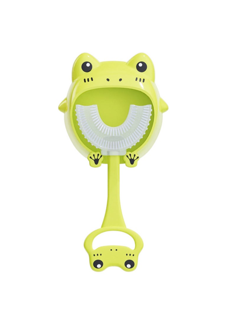 Cute Cartoon Pattern Children'S U-Shaped Toothbrush, Suitable For 2-12 Year Old Babies, Food-Grade Silicone Soft-Bristled Toothbrush, Detachable And Replaceable Brush Head, Dust-Proof Wall Shelf Set For Easy Storage, Baby Oral Training Toothbrush Set (Green Frog)