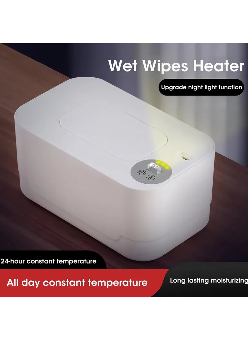 Baby Wipe Warmer with LED Temperature Display & Night Light, USB Powered with Smart Thermostat Temperature Control Button, Portable Wet Wipes Dispenser for Baby Wipes & Tissues, Smart Thermostat,  Silent & Moisturizing, Heat Preservation, Large Capacity for Home & Travel, White with Smart Mode