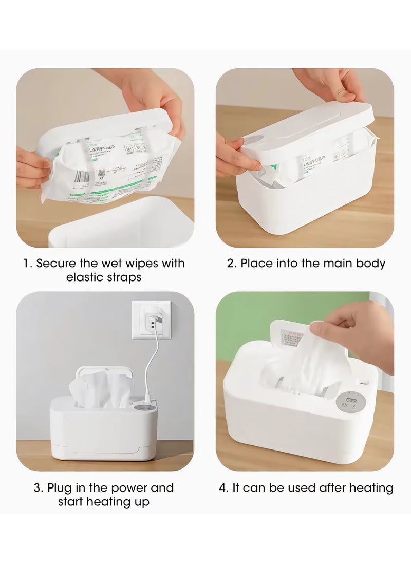 Baby Wipe Warmer with LED Temperature Display & Night Light, USB Powered with Smart Thermostat Temperature Control Button, Portable Wet Wipes Dispenser for Baby Wipes & Tissues, Smart Thermostat,  Silent & Moisturizing, Heat Preservation, Large Capacity for Home & Travel, White with Smart Mode