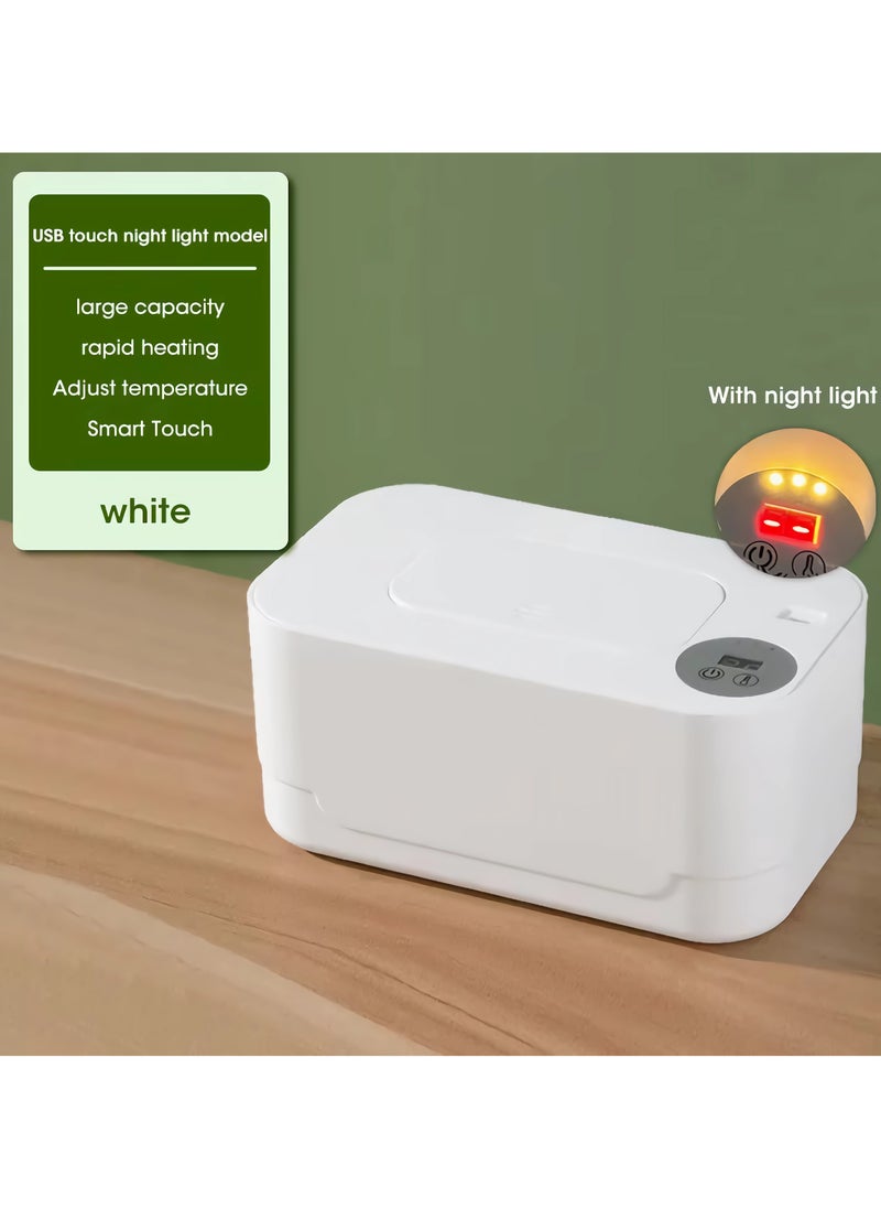 Baby Wipe Warmer with LED Temperature Display & Night Light, USB Powered with Smart Thermostat Temperature Control Button, Portable Wet Wipes Dispenser for Baby Wipes & Tissues, Smart Thermostat,  Silent & Moisturizing, Heat Preservation, Large Capacity for Home & Travel, White with Smart Mode