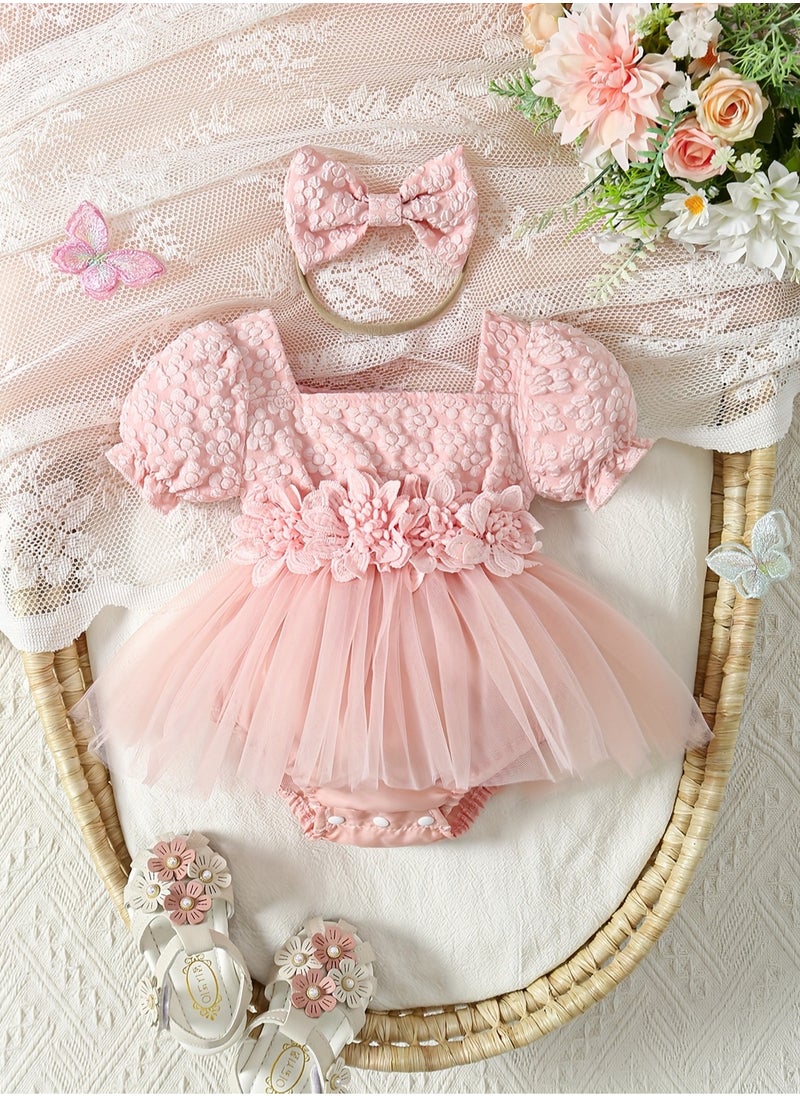 Baby Girl Lace Romper with Floral Design, Newborn Tulle Onesie Dress, Infant Sleeveless Jumpsuit for Special Occasions