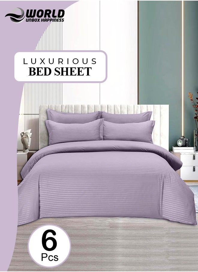 6 Piece Premium King Size Bedding Set, Purple Striped Design and High Quality Cotton Hotel Luxury Bedsheet, Soft Quilt Cover and Pillowcases