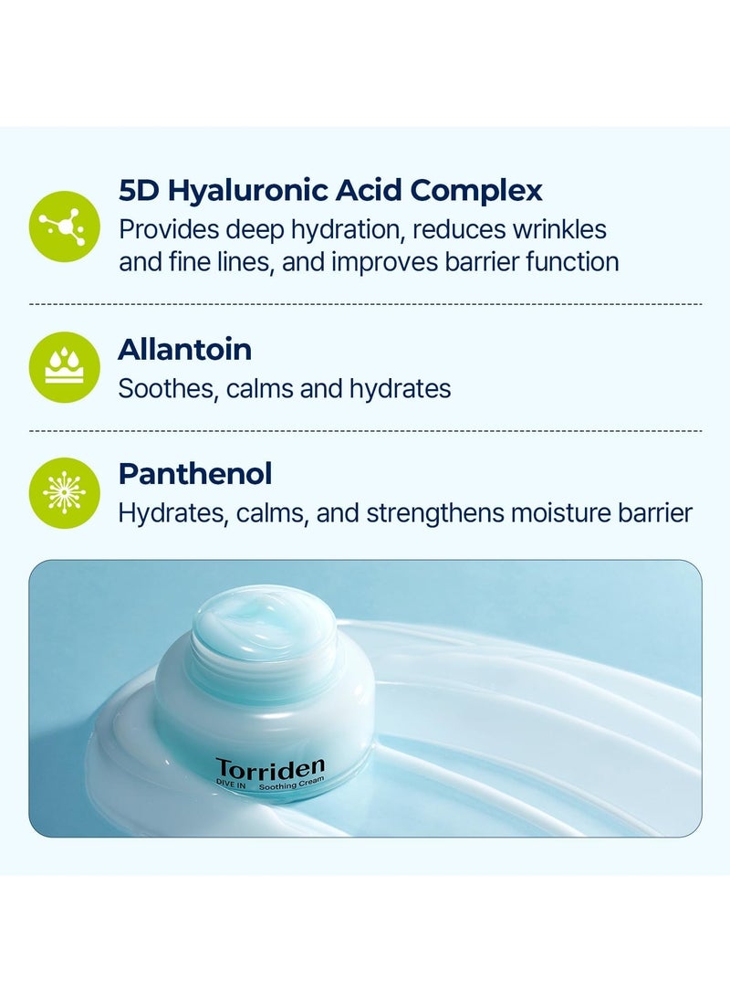 Torriden Dive-In Hyaluronic Acid Soothing Cream 3.38 Fl Oz, Revitalizing Facial Moisturizer For Sensitive, Dry Skin, Fragrance-Free, Alcohol-Free, No Colorants, Vegan, Cruelty-Free