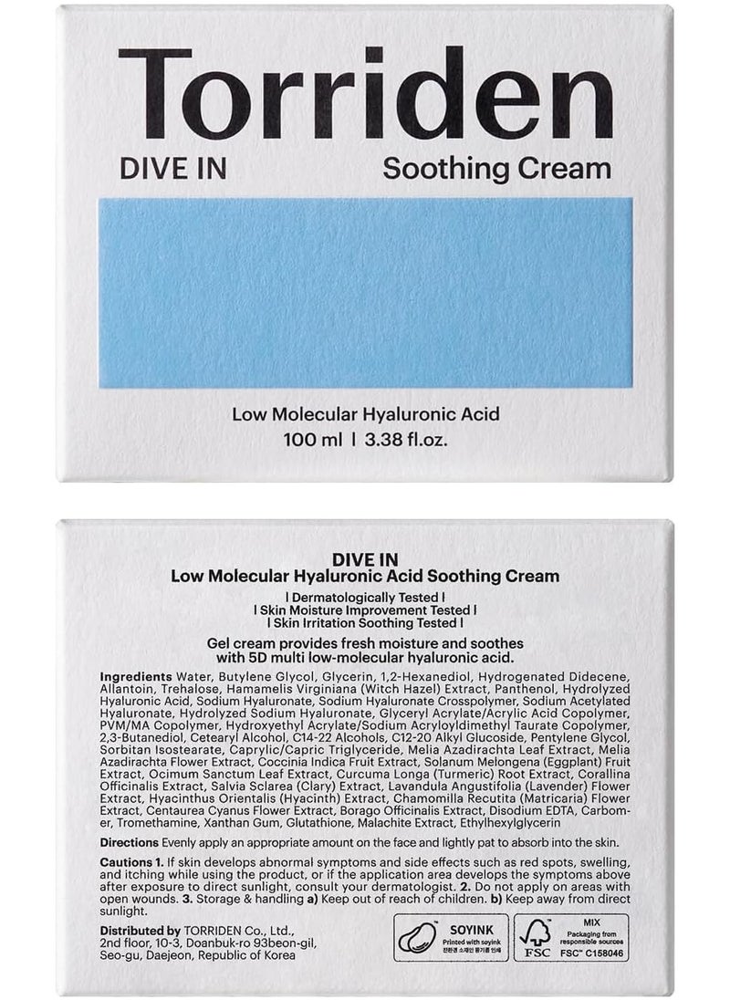 Torriden Dive-In Hyaluronic Acid Soothing Cream 3.38 Fl Oz, Revitalizing Facial Moisturizer For Sensitive, Dry Skin, Fragrance-Free, Alcohol-Free, No Colorants, Vegan, Cruelty-Free