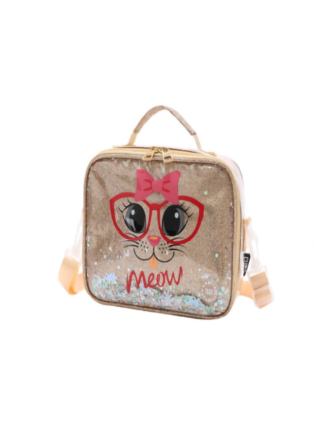 Cat Print Waterproof Glittery lunch bag with removable shoulder strap carrying your favorite meals to school, work or while traveling