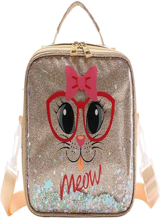 Cat Print Waterproof Glittery lunch bag with removable shoulder strap carrying your favorite meals to school, work or while traveling