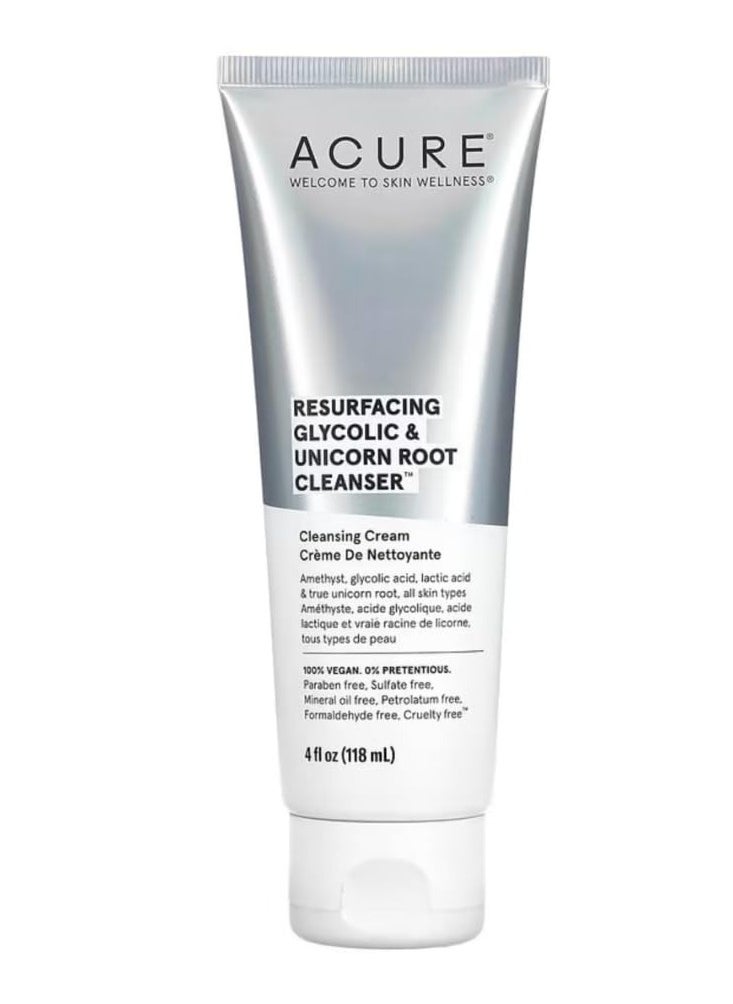 Acure Resurfacing Glycolic & Unicorn Root Cleanser- Gentle Daily Exfoliation Cleansing Cream - Brightening & Hydrating Face Wash - for All Skin Type 4 Fl Oz