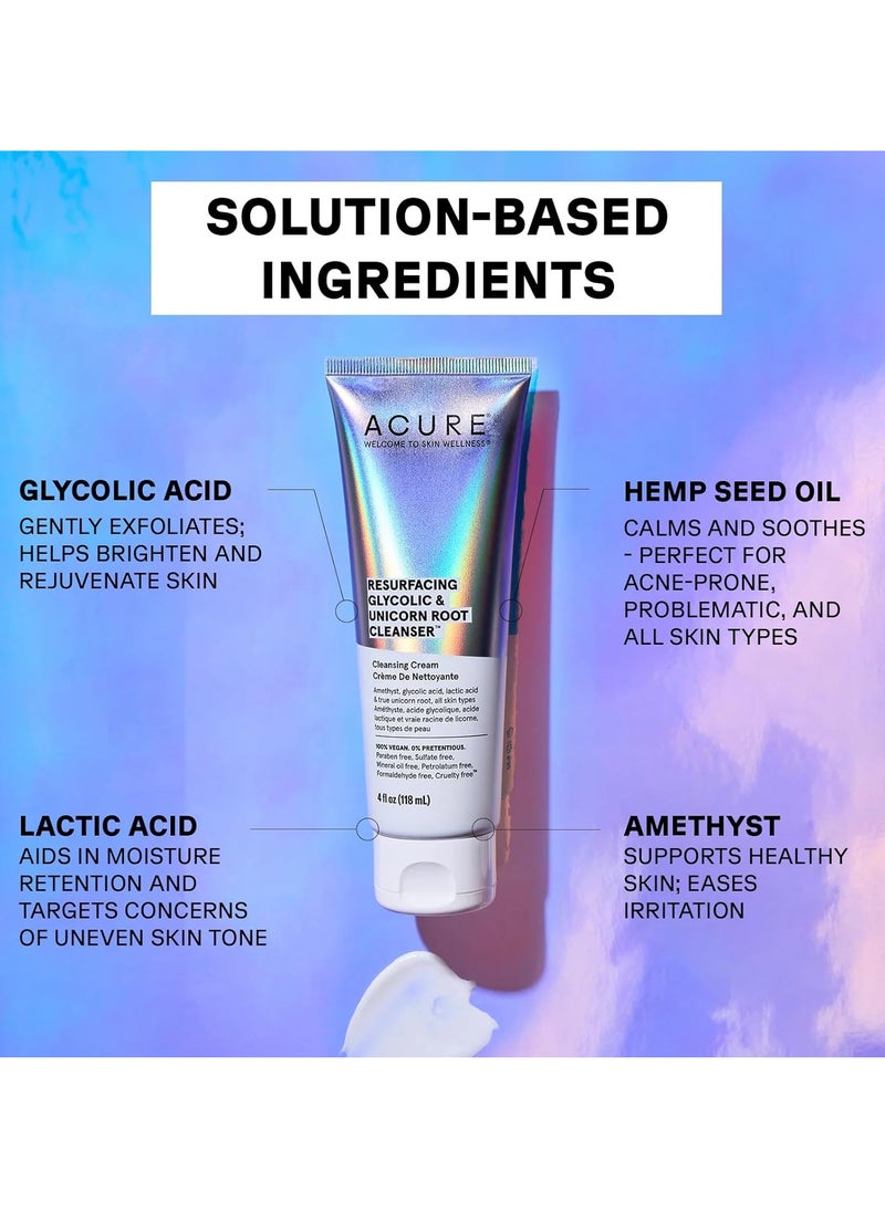 Acure Resurfacing Glycolic & Unicorn Root Cleanser- Gentle Daily Exfoliation Cleansing Cream - Brightening & Hydrating Face Wash - for All Skin Type 4 Fl Oz