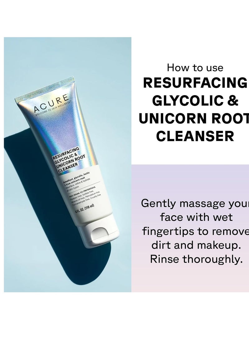 Acure Resurfacing Glycolic & Unicorn Root Cleanser- Gentle Daily Exfoliation Cleansing Cream - Brightening & Hydrating Face Wash - for All Skin Type 4 Fl Oz