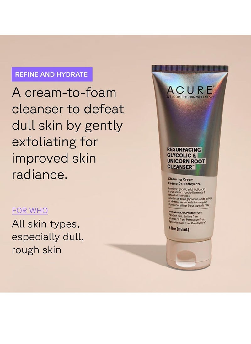 Acure Resurfacing Glycolic & Unicorn Root Cleanser- Gentle Daily Exfoliation Cleansing Cream - Brightening & Hydrating Face Wash - for All Skin Type 4 Fl Oz