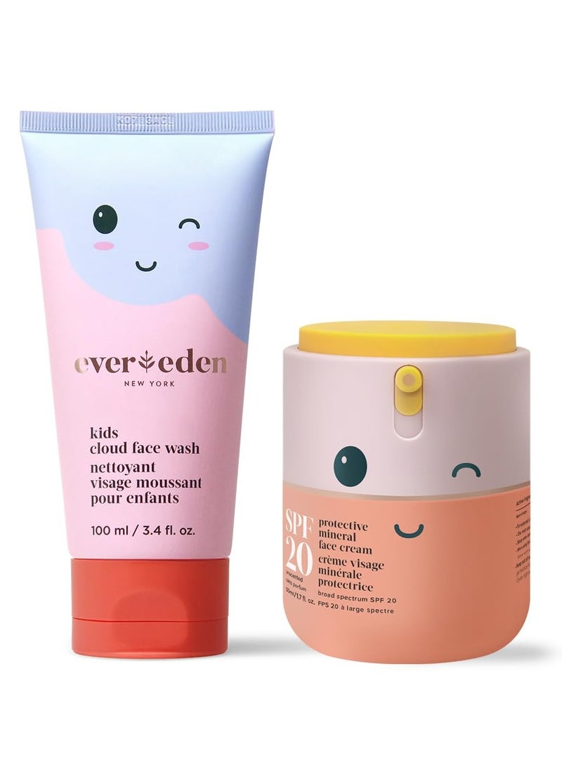 Kids Happy Morning DUO: Clean & Vegan Skin Care for Kids Bundle | Kids Skin Care Cloud Face Wash + SPF 20 Mineral Face Cream | Non-Toxic | Non-Comedogenic | Fun | Easy-to-Use Skincare for Kids