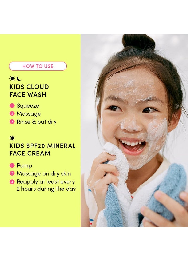 Kids Happy Morning DUO: Clean & Vegan Skin Care for Kids Bundle | Kids Skin Care Cloud Face Wash + SPF 20 Mineral Face Cream | Non-Toxic | Non-Comedogenic | Fun | Easy-to-Use Skincare for Kids