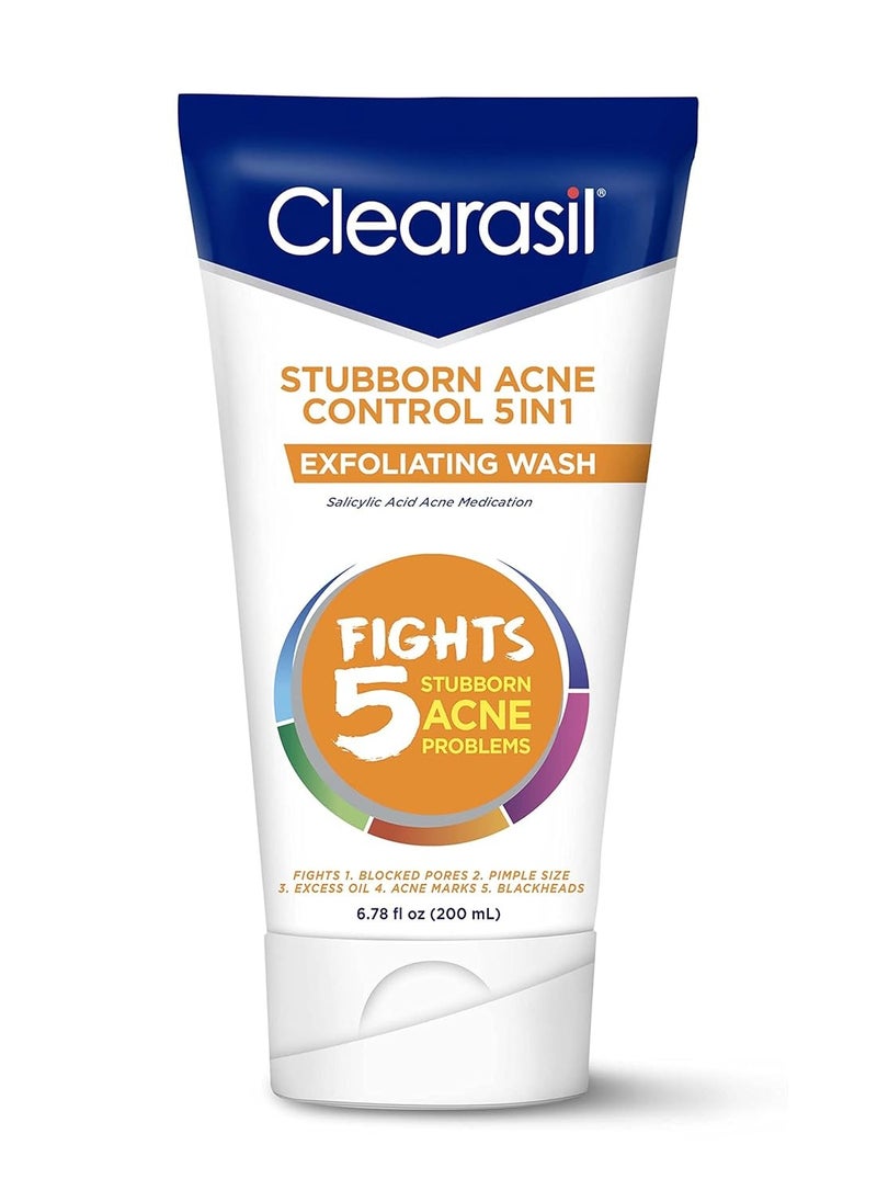 Clearasil Stubborn Acne Control 5in1 Exfoliating Wash, Maximum Strenght with 2% Salicylic Acid Acne Treatment Medicine, Daily Acne Facial Cleanser 6.78 fl oz